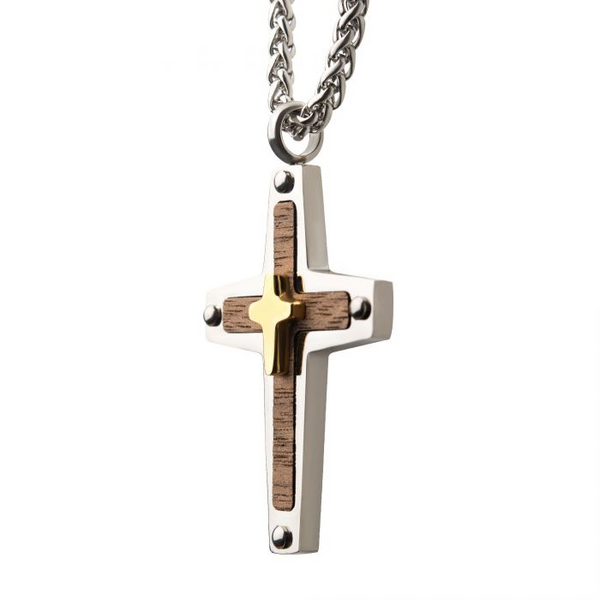 18K Gold Plated Cross Overlapped on a Steel Pendant with Walnut Wood Inlay, with Steel Wheat Chain Image 3 Erica DelGardo Jewelry Designs Houston, TX