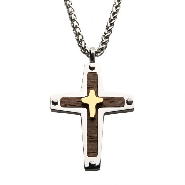 18K Gold Plated Cross Overlapped on a Steel Pendant with Walnut Wood Inlay, with Steel Wheat Chain Erica DelGardo Jewelry Designs Houston, TX