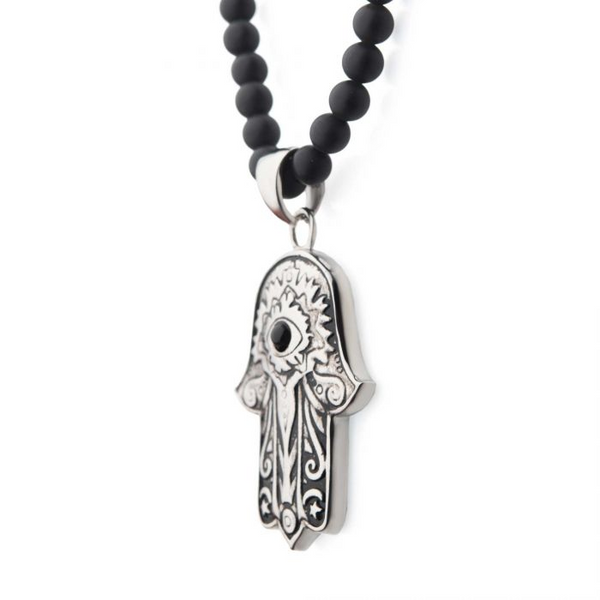 Stainless Steel with Centerpiece Black Agate Stone Hamsa Pendant, with 24 inch long Black Agate Stone Bead Necklace. Image 3 Erica DelGardo Jewelry Designs Houston, TX