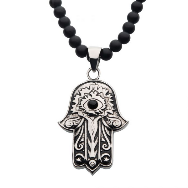 Stainless Steel with Centerpiece Black Agate Stone Hamsa Pendant, with 24 inch long Black Agate Stone Bead Necklace. Erica DelGardo Jewelry Designs Houston, TX