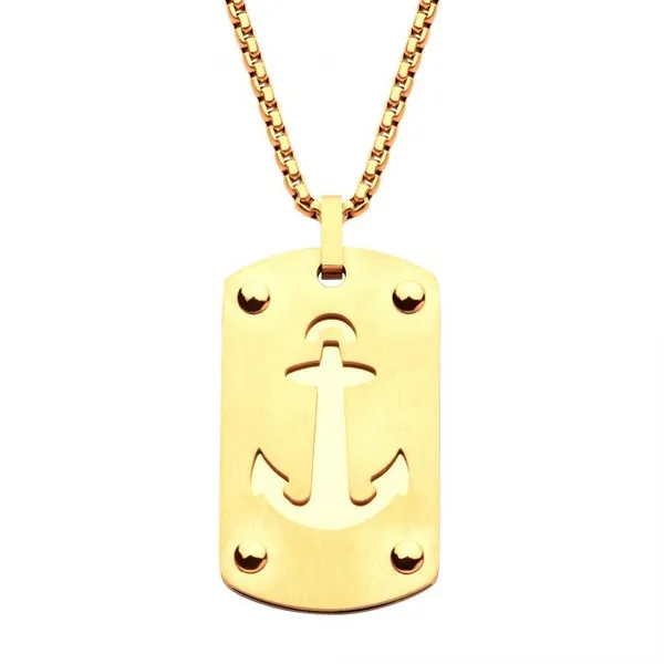 18K Gold Plated Stainless Steel Etched Anchor Dog Tag Pendant with Box Chain Erica DelGardo Jewelry Designs Houston, TX