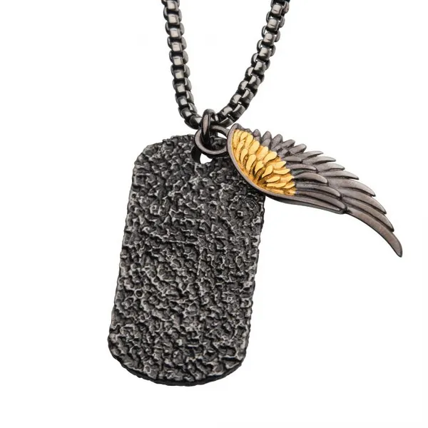 18K Gold Plated Wing & Gun Metal IP Dog Tag Necklace Image 2 Erica DelGardo Jewelry Designs Houston, TX
