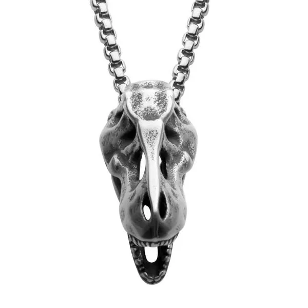 Distressed Matte Steel T-Rex Skull Pendant w/ Box Chain Erica DelGardo Jewelry Designs Houston, TX