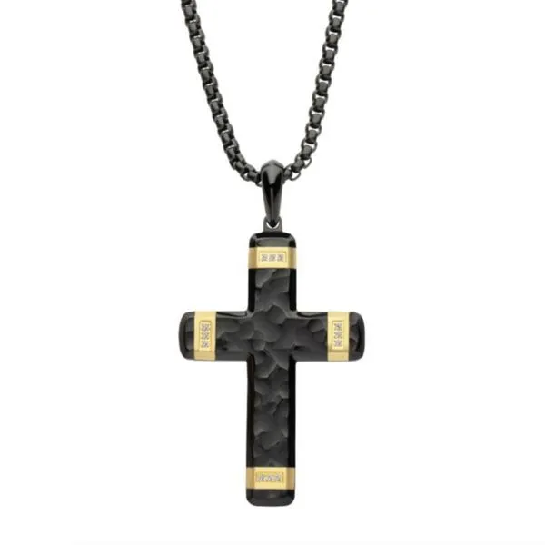 Matte Black IP & 18K Gold IP Carved Steel Large Cross Pendant w/ Lab-Grown Diamonds & Black Box Chain Erica DelGardo Jewelry Designs Houston, TX