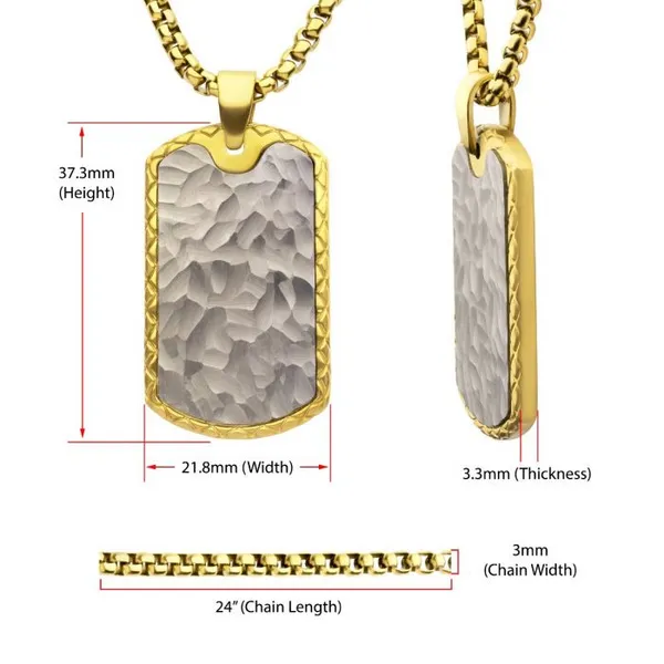 18K Gold IP Stainless Steel Chiseled Bold Tag Firenze Pendant w/ Box Chain Image 4 Erica DelGardo Jewelry Designs Houston, TX