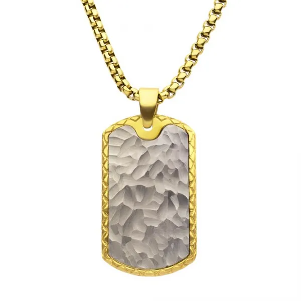18K Gold IP Stainless Steel Chiseled Bold Tag Firenze Pendant w/ Box Chain Erica DelGardo Jewelry Designs Houston, TX