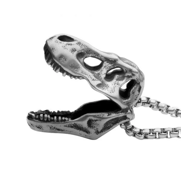 Distressed Matte Steel T-Rex Skull Pendant w/ Box Chain Image 3 Erica DelGardo Jewelry Designs Houston, TX