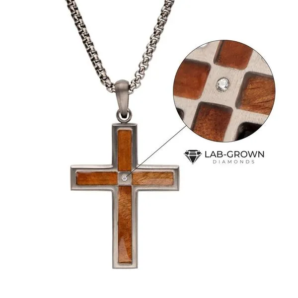 Gun Metal IP Stainless Steel Matte Finish Whiskey Barrel Wood Inlay with Lab-Grown Diamond Cross Pendant  with Box Chain - 24