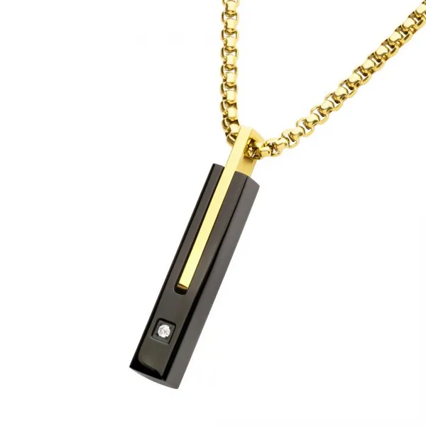 18Kt Gold IP and Black IP Steel Solitaire Accented Clear Lab-Grown Diamond Drop Pendant Erica DelGardo Jewelry Designs Houston, TX
