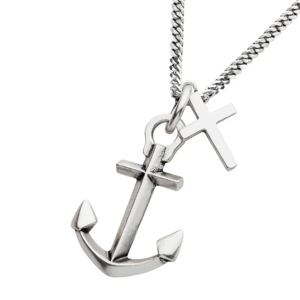 Sterling Silver Oxidized Anchor & Cross Duo Pendant with Chain 20