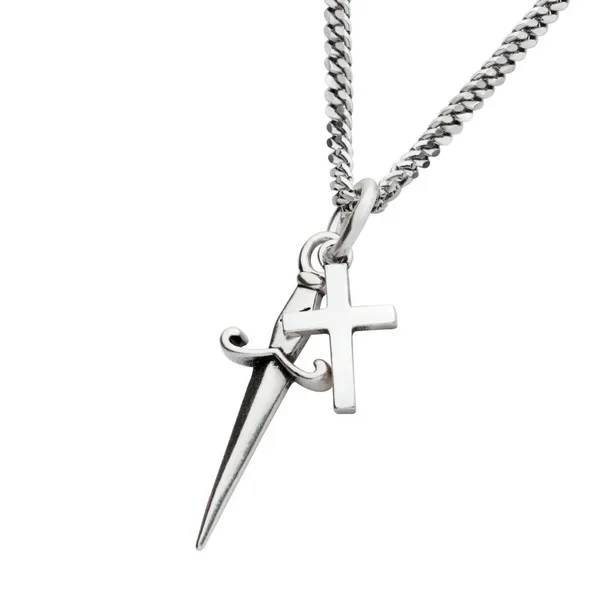 Silver Oxidized Dagger & Cross Duo Pendant with Curb Chain - 20