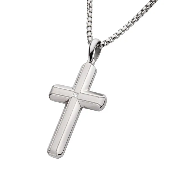 Stainless Steel Lab-Grown Diamond Brushed Finish Cross Pendant with Box Chain -24