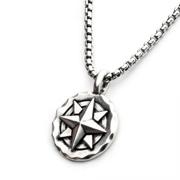 Sterling Silver Oxidized Compass Pendant with Box Chain 20