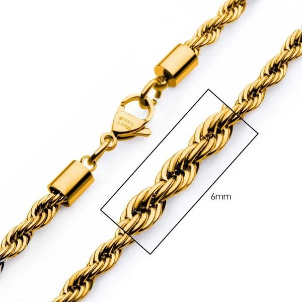 6mm 18Kt Gold IP Rope Chain Necklace 24