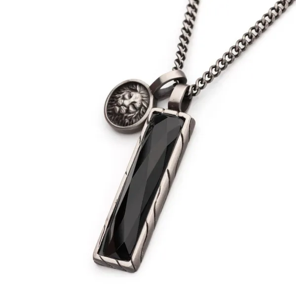 Matte Finish Gun Metal IP with African Lion Sigil & Faceted Black Agate Stone Double Pendants with Curb Chain 22