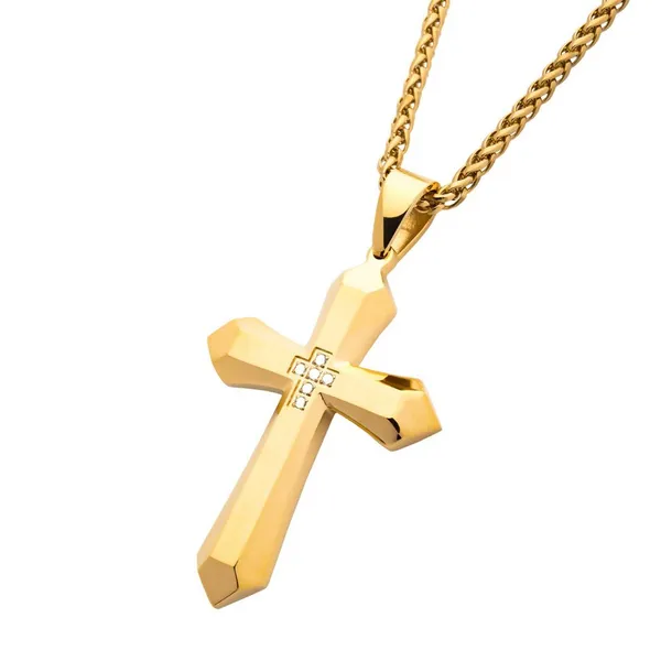 Gold IP Stainless Steel  Cross with  CZ, with Gold IP Wheat Chain - 24
