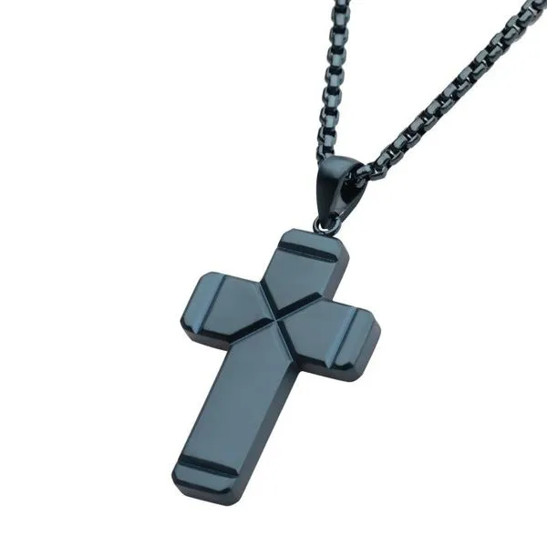 Stainless Steel Blue IP Ridged Compact Cross Pendant with 2mm Cobalt Blue Box Chain - 24