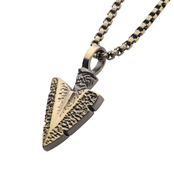 Antiqued Gold IP Stainless Steel Arrowhead Pendant with Bold Box Chain. 22