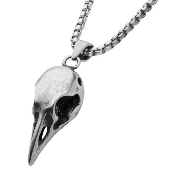 Crow Skull Pendant in Distressed Matte Stainless Steel finish with Bold Box Chain. 24