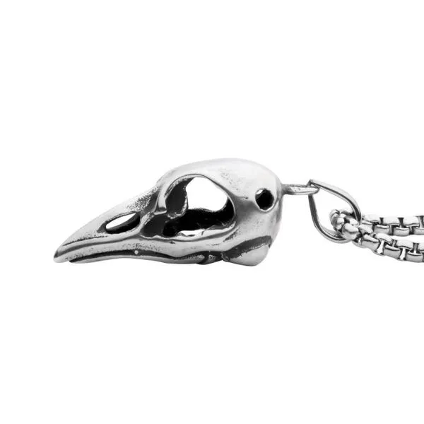 Crow Skull Pendant in Distressed Matte Stainless Steel finish with Bold Box Chain. 24