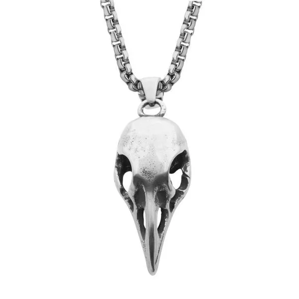 Crow Skull Pendant in Distressed Matte Stainless Steel finish with Bold Box Chain. 24