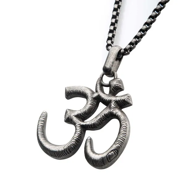 Stainless Steel with Antique Finish OM Symbol Pendant, with Steel Box Chain - 24