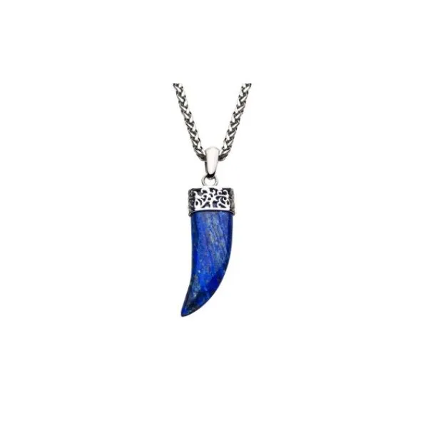 Stainless Steel Lapis Lazuli Stone Horn Pendant w/ Stainless steel Wheat Chain.24