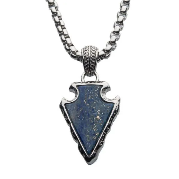 Steel Lapis Lazuli Stone Pendant with Polished Steel Box Chain 24,Men's Collection - Necklaces Erica DelGardo Jewelry Designs Houston, TX