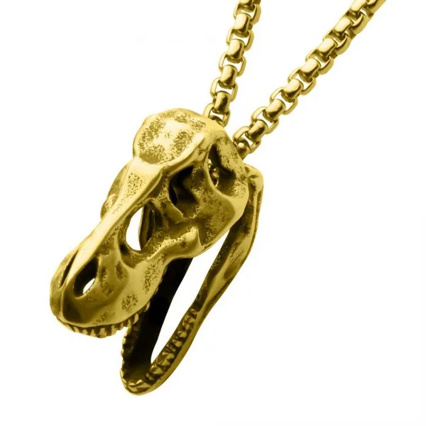 Distressed Matte 18K Gold IP Stainless Steel T-Rex Skull Pendant with Chain 24