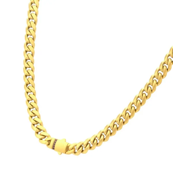 8mm 18KT Gold IP Stainless Steel Matte Finish Miami Cuban Chain Necklace Genuine Black Sapphires - 22