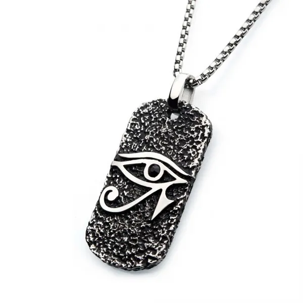 Black Oxidized Stainless Steel with Black CZ Eye of Horus Dog Tag Pendant, with Steel Box Chain Image 2 Erica DelGardo Jewelry Designs Houston, TX