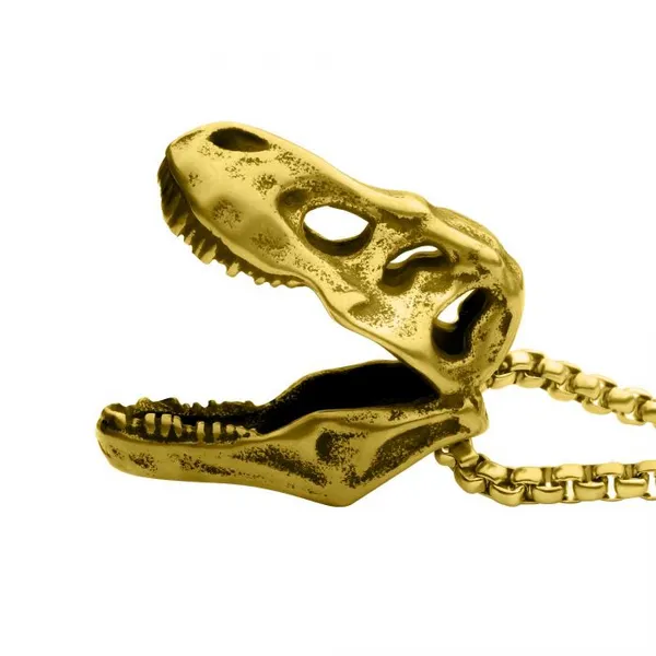 Distressed Matte 18K Gold IP Stainless Steel T-Rex Skull Pendant with Chain 24