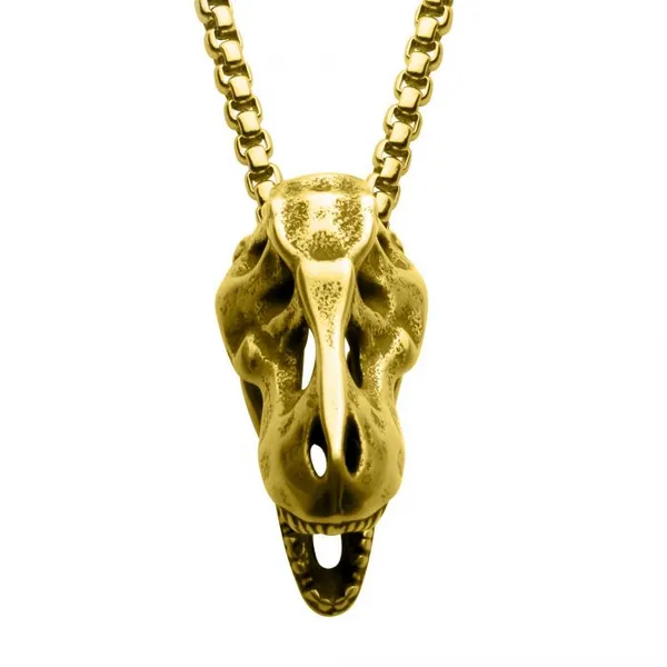 Distressed Matte 18K Gold IP Stainless Steel T-Rex Skull Pendant with Chain 24