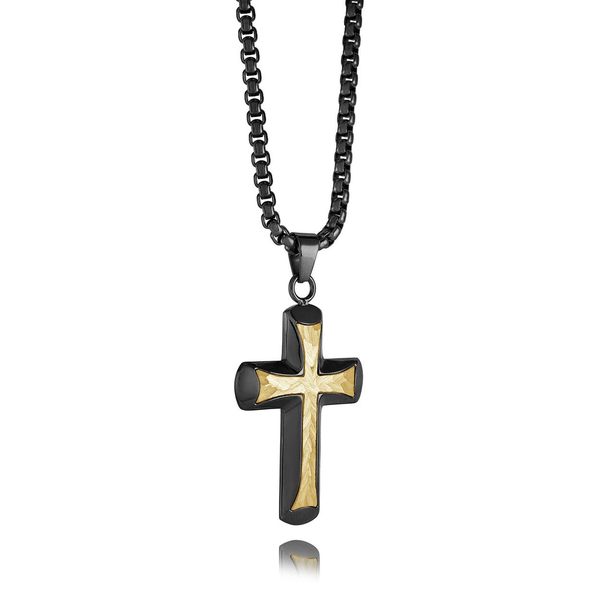 Two Tone Black & Gold Plated Stainless Steel Cross Necklace Hammered Finish Erica DelGardo Jewelry Designs Houston, TX