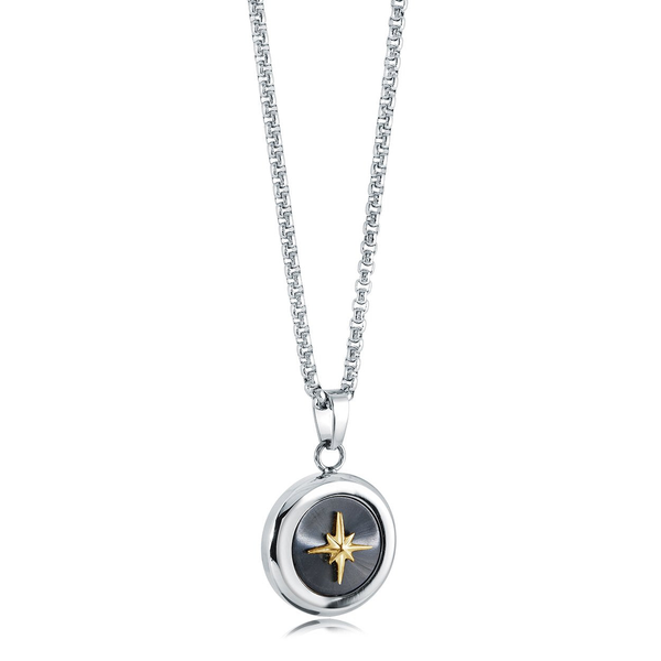 Stainless Steel Black-Gold-IP North-Star Medallion Necklace - 20