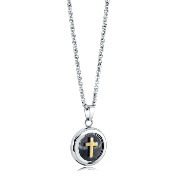 Stainless Steel Black-Gold-IP Cross Medallion Necklace - 20