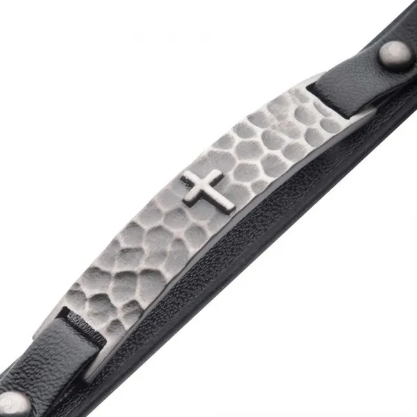Black Leather & Stainless Steel Cross Hammered ID Bracelet Image 3 Erica DelGardo Jewelry Designs Houston, TX