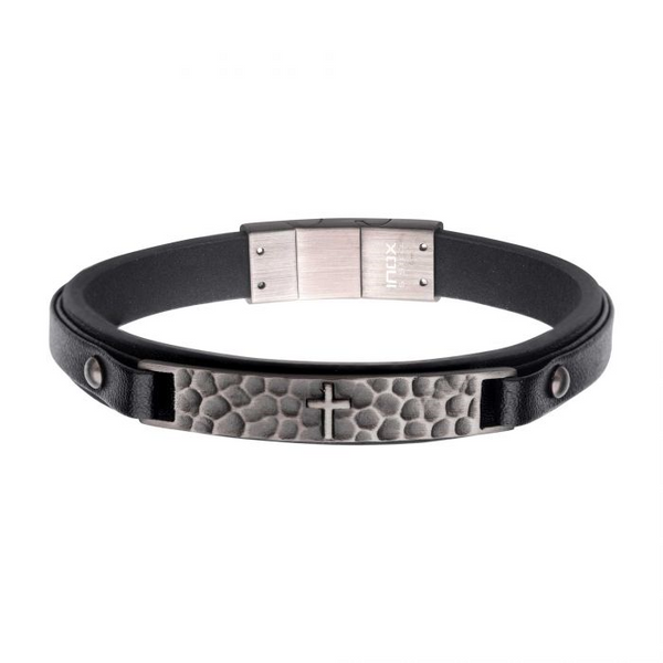 Black Leather & Stainless Steel Cross Hammered ID Bracelet Erica DelGardo Jewelry Designs Houston, TX