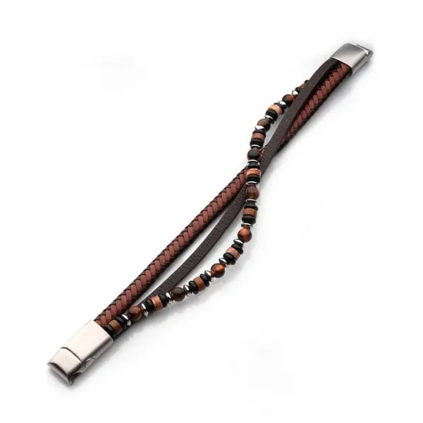 Brown & Black Leather with Tiger's Eye, Black Onyx, & Piccaso Jasper Stone Bead Multi-Strand Bracelet Image 2 Erica DelGardo Jewelry Designs Houston, TX