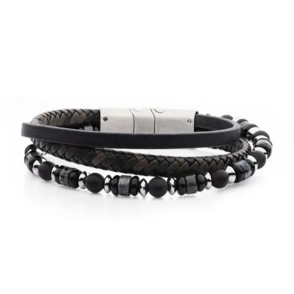 Brown & Black Leather with Gray Jasper & Black Onyx Stone Bead Multi-Strand Bracelet Erica DelGardo Jewelry Designs Houston, TX
