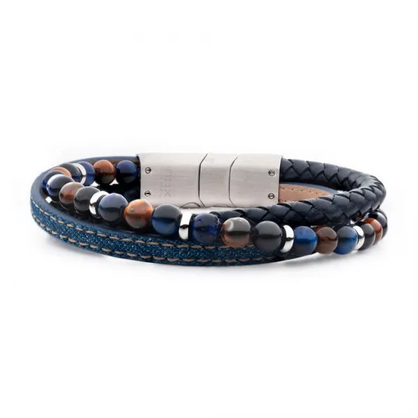 Blue Leather & Blue Denim with Lapis Lazuli & Tiger's Eye Stone Bead Multi-Strand Bracelet Erica DelGardo Jewelry Designs Houston, TX