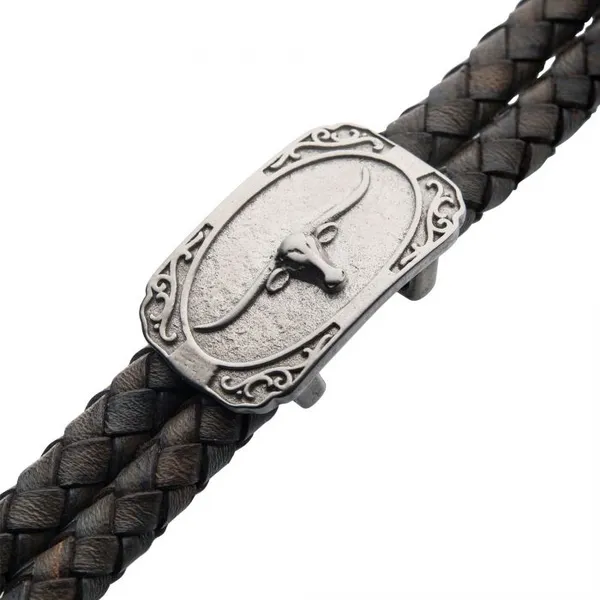 Double Strand Gray Leather w/ Brushed Steel Longhorn Bracelet Image 3 Erica DelGardo Jewelry Designs Houston, TX