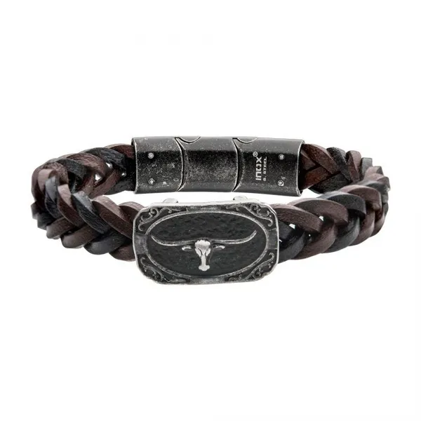 Black & Brown Braided Leather with Gun Metal Plated Longhorn Bracelet Erica DelGardo Jewelry Designs Houston, TX