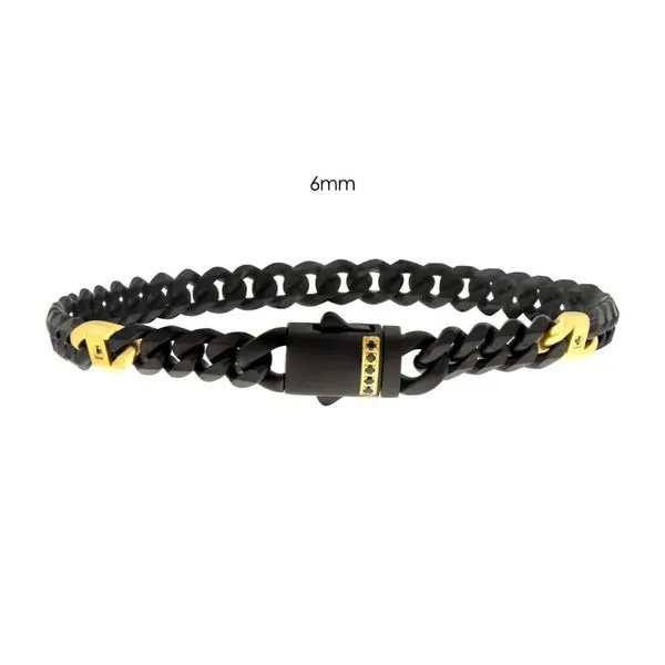 6mm Black IP Stainless Steel Matte Finish Miami Cuban Chain Bracelet with Genuine Black Sapphire Gem -7.5
