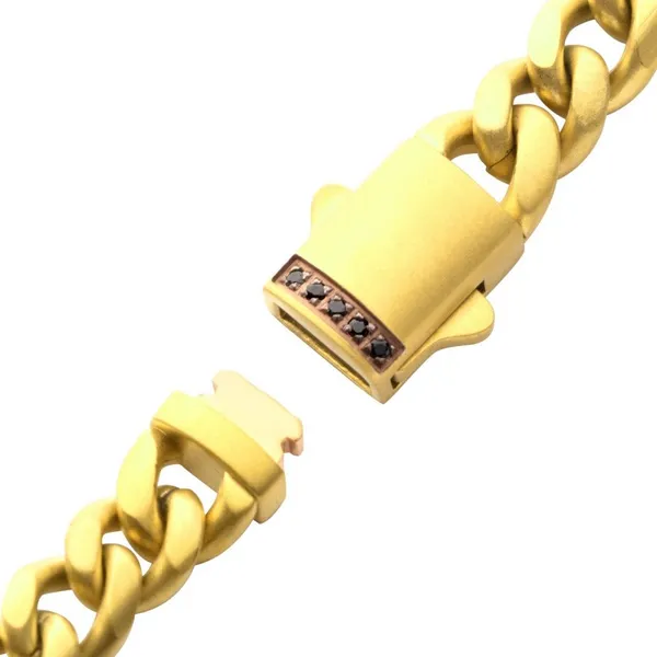 6mm 18Kt Gold IP Steel Matte Finish Miami Cuban Chain Bracelet with Genuine Black Sapphires - 8