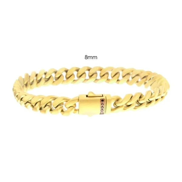 8mm 18KT Gold IP Stainless Steel Matte Finish Miami Cuban Chain Bracelet with Genuine Black Sapphire - 8