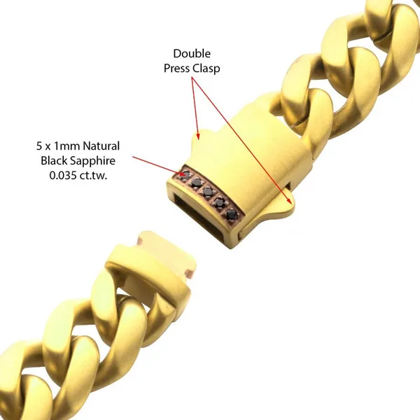 8mm 18KT Gold IP Stainless Steel Matte Finish Miami Cuban Chain Necklace Genuine Black Sapphires -22