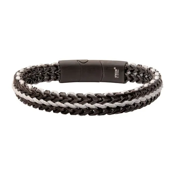 Matte Finish Black IP Stainless Steel Foxtail Chain with White Wax Cord Bracelet 7.75-8.25