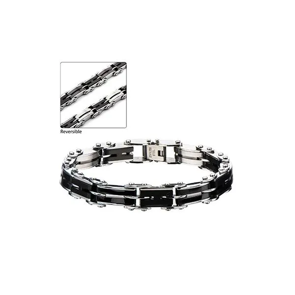 Stainless Steel & Black IP H-Link Reversible Bracelet with Fold Over Clasp Bracelet, 7.75