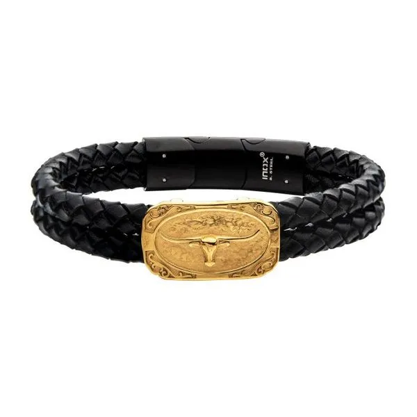 Double Strand Black Leather with Gold IP Longhorn Bracelet 8.25-8.75 Erica DelGardo Jewelry Designs Houston, TX